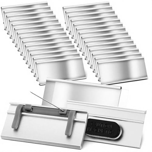 Hicarer 25 Placas Identificativas de Aluminio con Imán Doble Potente y Alfiler Etiquetas de Nombres Magnéticas Transparentes de Metal Portaetiquetas en Blanco para Ropa Exhibición 72 x 32 mm Plateado