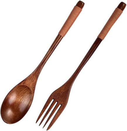 Set di 2 cucchiai e forchette in legno con materiali naturali Design con manico lungo per zuppa Pasta Insalata Accessori da cucina sostenibili Cucchiaio in legno multiuso Coppia di forchette