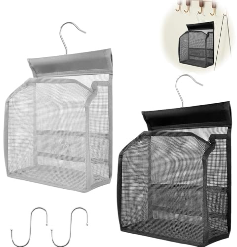 Panier Pince à Linge, 2 Pièces Sac à Pinces à Linge Suspendu Avec Crochet De Suspension Simple, Réutilisable, Idéal Pour La Cuisine, La Salle De Bain(Gris, Noir)