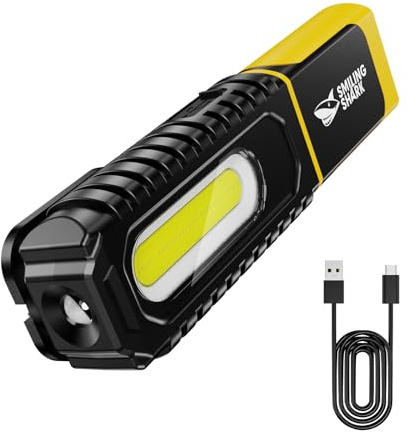 Smiling Shark Lampada di Lavoro, Lampade di Ispezione Torcia Magnetica 1200 mAh Ricaricabile 5 Modalità Luminose Portatile Lampada da Officina con Gancio e Clip per Riparazione Campeggio (1 Pezzo)