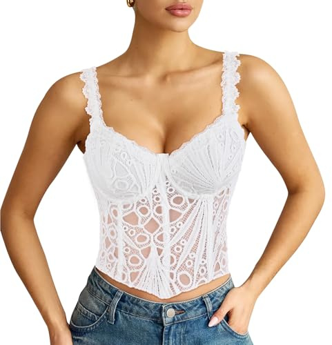 LEACOOLKEY Corsetto da Donna in Pizzo Bustier Sexy Trasparente a Fiori Top Corto Elegante in Rete con Lacci Corpetto Top Modellante per Uscite, Appuntamenti, Feste e Festival Musicali, Bianco