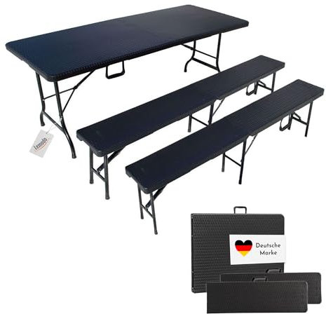 Lemodo Sitzgarnitur klappbar, Bierzeltgarnitur klappbar, 3-teilige Biertischgarnitur, Bierbankgarnitur, Gartengarnitur besteht aus Tisch und Bänke in Rattan-Optik