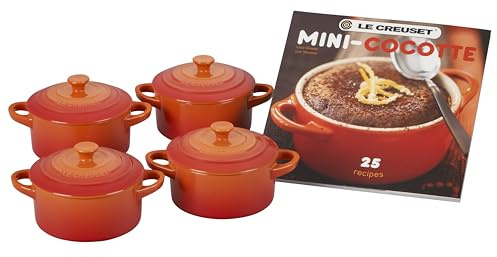 Le Creuset Stoneware Set of 4 Mini Cocottes with Cookbook, 8 oz. each, Flame