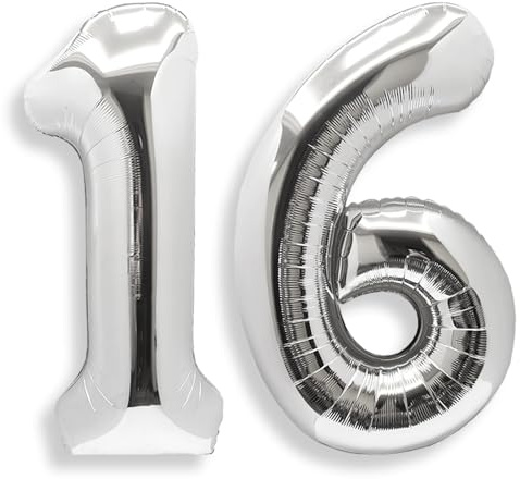 AULE Silver Number 16 Balloon 40 Inch Giant 0-60 Foil Large Balloons | Big Mylar 16 Number Balloon Helium Huge Jumbo for Happy 16th Birthday Party Anniversary Decorations Supplies