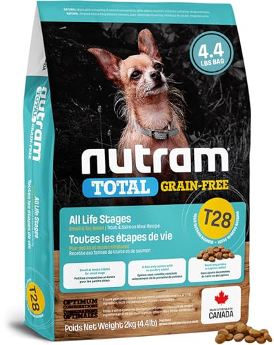 Nutram T28 Small Dog Food - Trout & Salmon Meal Small Breed Dog Food with Blueberries & Chamomile for Immune Support & Calmness - Grain Free, Chicken Free Kibble for All Life Stages (4.4 lb)