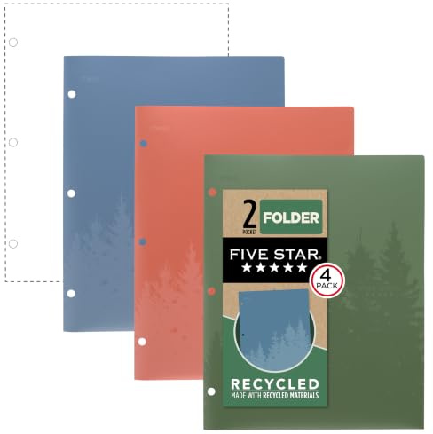 Five Star 2 Pocket Folders, Recycled Plastic Folders, Fits 3-Ring Binder, Holds 8.5 x 11 Paper, Assorted Colors, 4 Pack (33002)