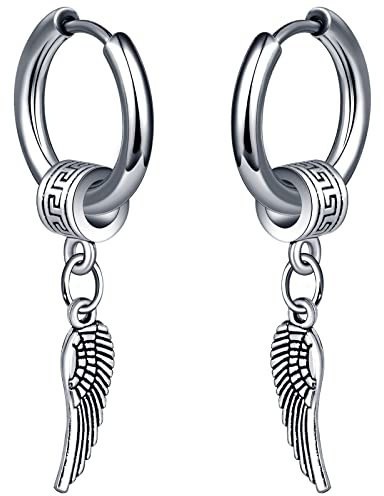 MicVivien Pendientes Colgantes Alas Pluma de Acero Inoxidable para Hombre Mujer Pendientes Largos Piercing de Orejas Aretes de Aro con Colgante