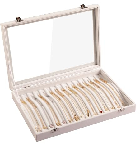 Frebeauty 15 Hooks Necklace Tray Velvet Neck Organiser with Clear Lid Lockable Necklace Holder Box Jewellery Organiser for Pendant Chains Necklace Jewellery Tray for Women Girls(Beige)