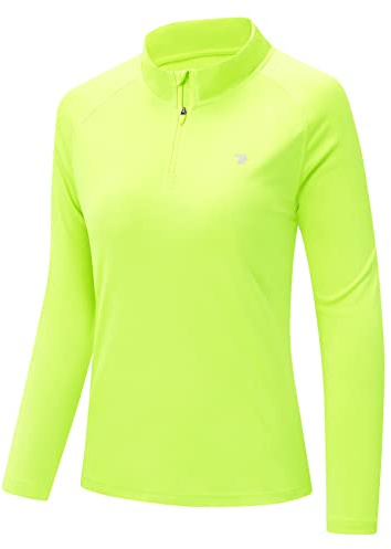 donhobo Sport T-Shirt Damen Langarmshirt Workout Tops 1/4 Reißverschluss Athletisch Lässig Laufen Yoga Fitness T-Shirts Schnelltrocknend (Fluoreszierendes Grün, M)