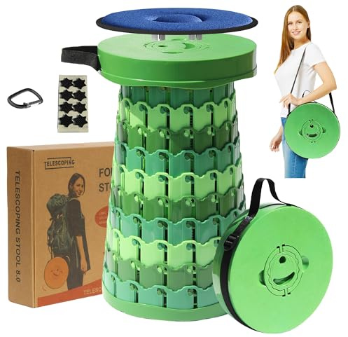 ALEVMOOM Tabouret pliable XXL 50 cm avec coussin, tabouret télescopique pliable pour adultes, charge maximale 450 kg, siège portable rétractable pour camping, pêche, randonnée, barbecue en plein air