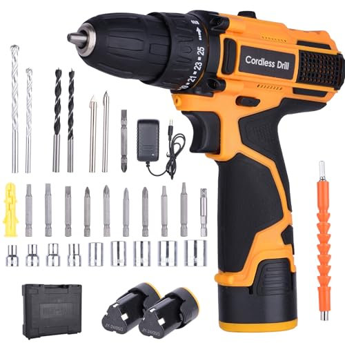 Cordless Drill Driver Set - 12V Power Drill with 2 Li-Ion Battery 2.0Ah - 35N·m Max Electric Drill Kit,2-Speed,21+1 Torque,3/8 Keyless Chuck, LED Light, 26Pcs Accessories