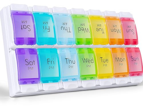 CSTDE Weekly Pill Box Organiser, Large Pill Organiser 2 Times a Day | Travel Tablet Medication Box with Push Button Design for Vitamin, Fish Oil, Supplements