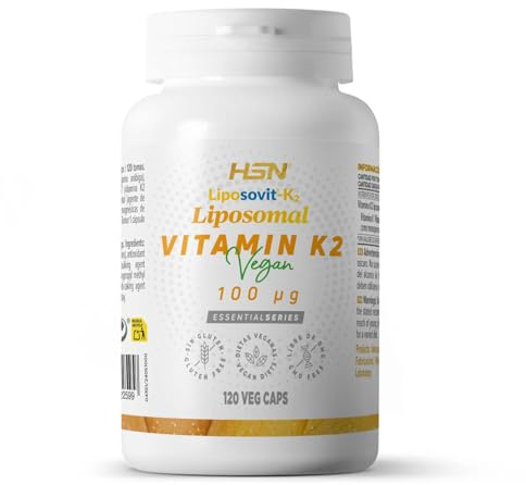 HSN Vitamina K2 Liposomal 100mcg Liposovit® | 120 Cápsulas Vegetales - PURA Vitamina K2 LIPOSOMADA K2-MK7 (menaquinona-7) | Mejor ABSORCIÓN y BIODISPONIBILIDAD | No-GMO, Vegano, Sin Gluten ni Soja