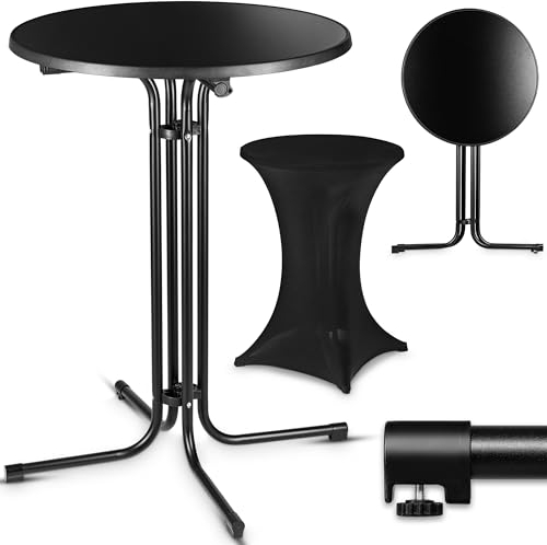 VESKA® Gastro Stehtisch Ø 80cm inkl. Husse, Bistrotisch klappbar Indoor & Outdoor, höhenverstellbare Füße, Klapptisch rund - Partytisch, Empfangstisch, Gartentisch wetterfest (schwarz)