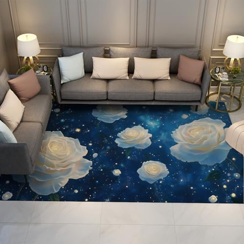 UERWOWELL Fantasy Flauschige Teppiche weiße Rose Sternenhimmel Hintergrund Rutschfester Teppich für Wohnzimmer Schlafzimmer Leichte waschbare Blaue Bodenmatte 160x200cm