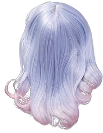 Ipetboom Synthetic Ombre Wavy Light Blue Mixed Pink Wig for Women Girls Cosplay Wig