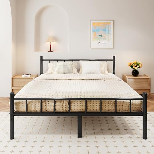 zizin Queen Size Metal Bed Frame with Headboard & Footboard 14 Inch Metal Platform Mattress Foundation Support with Steel Slat, Under Bed Storage, No Box Spring Needed