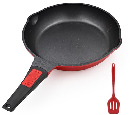 Bobikuke Padella antiaderente da 28 cm, padella in alluminio con manico rimovibile, per tutti i tipi di fornelli (rosso-nero)