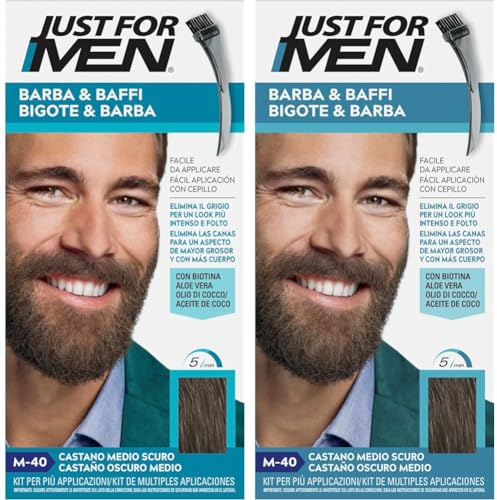 Just For Men Tinte Bigote Y Barba, Elimina Las Canas Para Una Apariencia Más Espesa Y Completa, Con Pincel Aplicador Incluido, Color Castaño Oscuro Medio, M40 (Paquete de 2)
