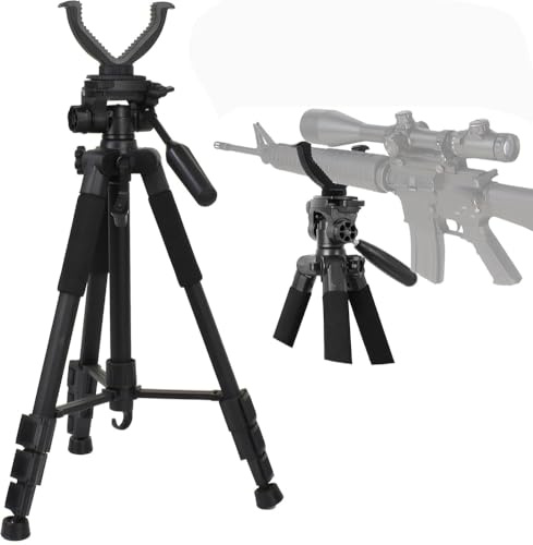 WLDOCA Trépied de tir pour Carabine 1,5 m pour Chasse en extérieur, étrier V et Rotation à 360°, Perche de tir légère en Aluminium de 53 à 150 cm, Fonctionnement Mains Libres
