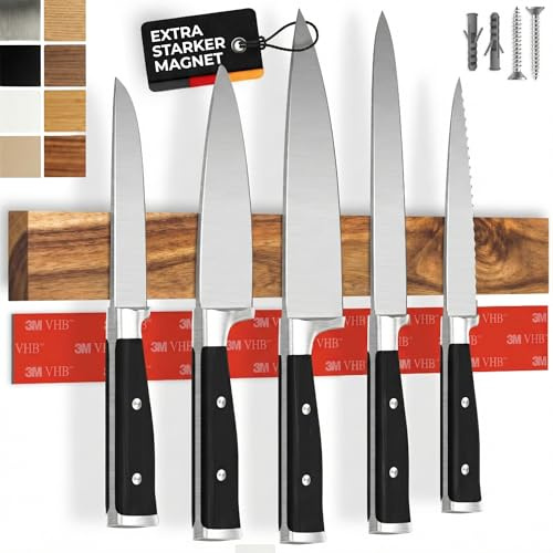 CUCINO självhäftande magnetisk knivlist – testvinnare med extra stark magnet – enkel montering med 3M-tejp utan borrning, akacia 40 cm
