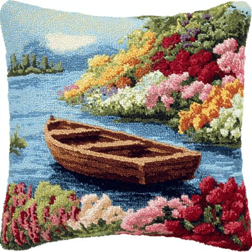 Funda de cojín de nudos DIY de 43 x 43 cm con juego de ganchos de latch, juego de anudados para principiantes y profesionales (niños y adultos), cojín decorativo hecho a mano, flores de barco