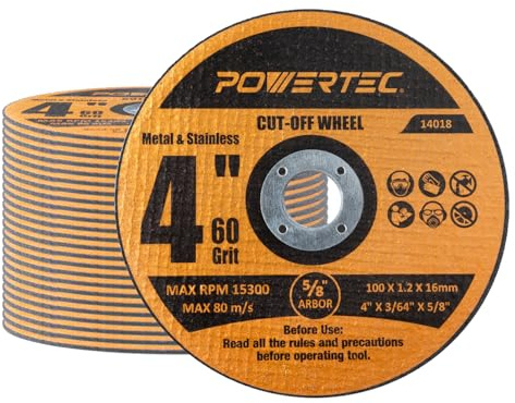 POWERTEC 4 Cut Off Wheels 25 Pack, 1/16 Thick with 5/8 Arbor, Metal & Stainless Steel Cutting Wheel for Angle Grinder, Iridium-Coated Aluminum Oxide 60 Grit (14018)