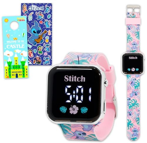 Disney Stitch Watch for Kids - Bundle LCD Digital Watch for Kids with Pink Cartoon Straps Plus Stickers, More | Easy to Read Lilo and Stitch Wristwatch for Girls