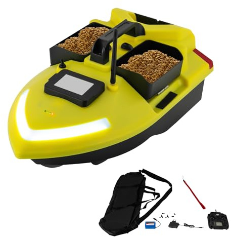 ROGONPDK Barca da pesca GPS da 12000 mAh con 2 contenitori per esche, barca per mangimi, barca senza fili, esca da pesca con 2 Hopper, barca da pesca telecomandata, doppio motore Baitboat (giallo)