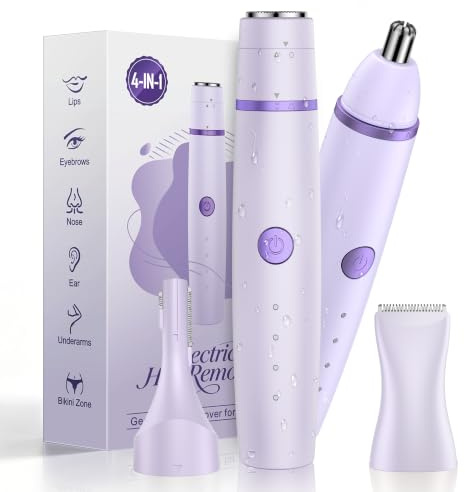 Facial Hair Remover for Women,4-in-1 Bikini Trimmer Women,USB C Mini Lady Shavers with 4-Level Battery Indicator (25%, 50%, 75%, 100%) Eyebrow Razor,Nose Trimmer,for Face Nose/Ear Body,Purple