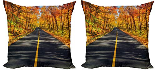 Ambesonne Fall Throw Pillow Cushion Cover Pack of 2, Endless Rural Road Through Vibrant Treed Corridor Landscape Scenic Countryside View, Zippered Double-Side Digital Print Decor, 16, Multicolor