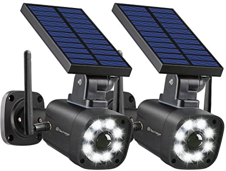 Techage SL669, Solar Battery Powered, Fake Security Camera, Dummy Cameras, Motion-Activated Floodlights, Realistic Look, Easy to Install, IP66 Waterproof, Warning Sticker Included, Pack of 2(Black)