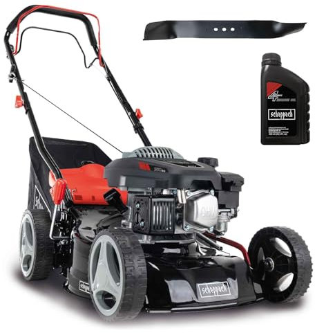 Scheppach Tondeuse à Gazon Thermique MS150-42 | Autotractée - 3,7 CV | Largeur de Coupe 42cm | Raccord Rapide de Nettoyage | Panier 45L | Hauteur - 7 Niveaux | Lame supp. + Huile Incluse