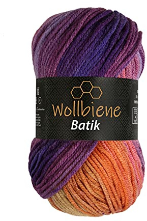 Wollbiene Batik Wolle mit Farbverlauf mehrfarbig 100g Multicolor Strickwolle Häkelwolle (5600 lila beere orange)