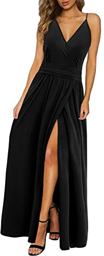 Newshows Vestido de Verano para Mujer Cuello en V Abertura Largo Maxi Elegante para Invitada de Boda Negro,XL