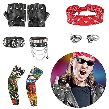 Set di 9 pezzi di costume da roccia in metallo pesante punk gotico rock accessori per costume da discoteca heavy metal accessori anello braccialetto maniche per tatuaggi temporanei forniture feste