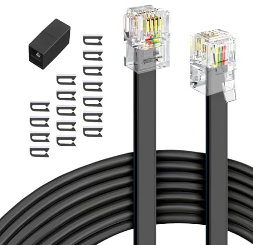 moeverEX Phone Extension Cord 25 Ft, Telephone Cable with Standard RJ11 Plug and 1 in-Line Couplers and 20 Cable Clip Holders, Black