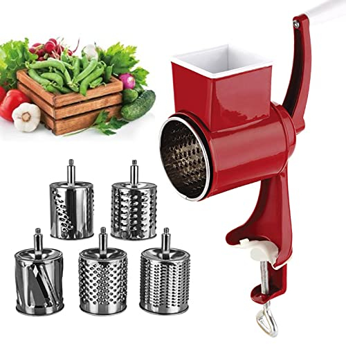 RoseFlower taglia verdura a tamburo, grattugia formaggio manovella, tagliaverdure e affettaverdure, con 5 lame sostituibili, Grattugia veloce per formaggio, frutta a fette, spezie grattugiate e noci