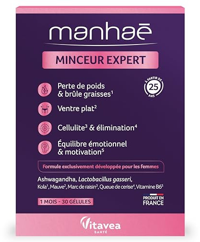 Vitavea - Manhaé - Minceur Expert - Complément Alimentaire Minceur - Perte de Poids, Brûle Graisse, Ventre Plat, Eliminination, Cellulite - Lactobacillus Gasseri, Queue de Cerise -1 Mois - 30 Gélules