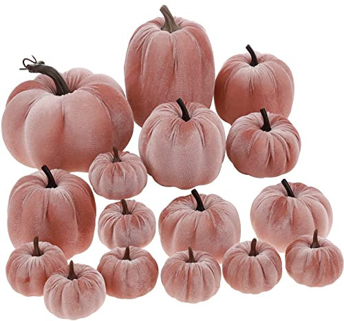 Yatinkim 16 calabazas de espuma falsa rosa para decoración de tela de terciopelo, calabazas a granel, mesa de otoño, centro de mesa, granja, cosecha, decoración de Halloween