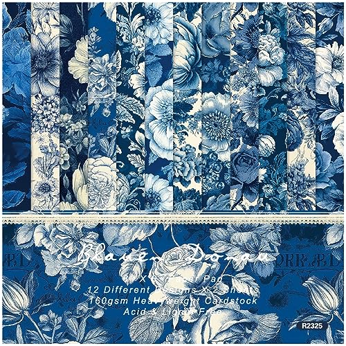 ZAKHSE Motivpapier zum Basteln,24 Blätter Blumenmuster Designpapier Bastelpapier,15,2x15,2cm Einseitig Bedrucktes Dekoratives Bastelpapier,Gemustert Dekopapier für Weihnachten Karten Gestaltung-Blau