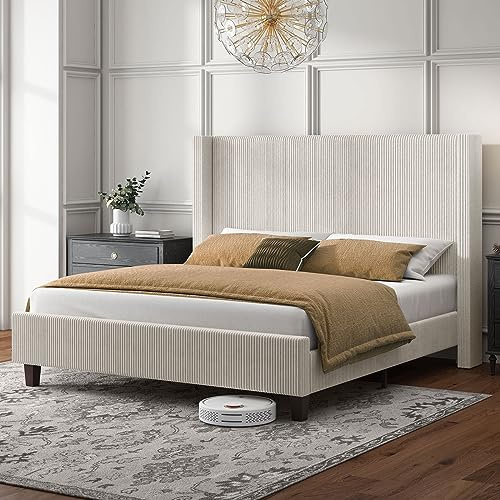 HOWE King Size Bed Frame with 50.8 Tall Wingback Headboard, Modern Corduroy Upholstered Platform Bed Frame with Solid Wood Slats & Legs, No Box Spring Needed，Noise Free, Cream