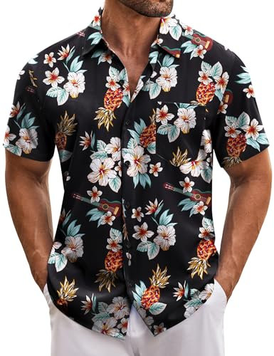COOFANDY Hawaii Hemd Männer Sommer Button Down Hemden Herren Kurzarm Casual Hawaiihemd Blumenmuster Strandhemd mit Taschen Schwarz M