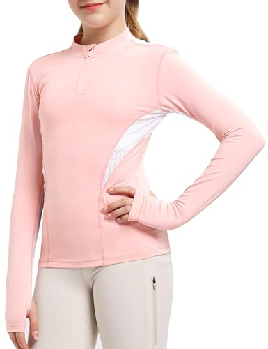 FitsT4 Sports Girls Long Sleeves Shirts Thumbhole English Horse Riding Shirt UPF50 Quick Dry Kids Equestrain Half Zip Jacket Pink Medium