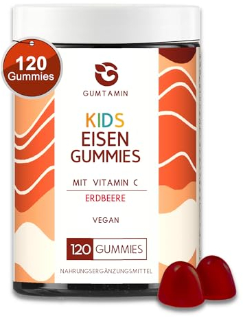 Gumtamin Eisen Gummibärchen für Kinder - 60 Gummies bei Eisenmangel - Kinder Eisen Gummies mit Vitamin C mit 10mg Eisen hochdosiert - vegan - Alternative zu Eisentabletten