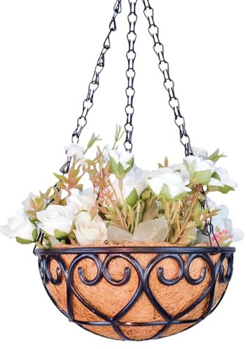 Cestino per Piante da Appendere, Vasi Sospesi da 10 pollici con Rivestimento in Palma da Cocco, Fioriera per Appendere in Metallo, Vasi da Fiori da Esterno con Catena, Decorazione da Giardino