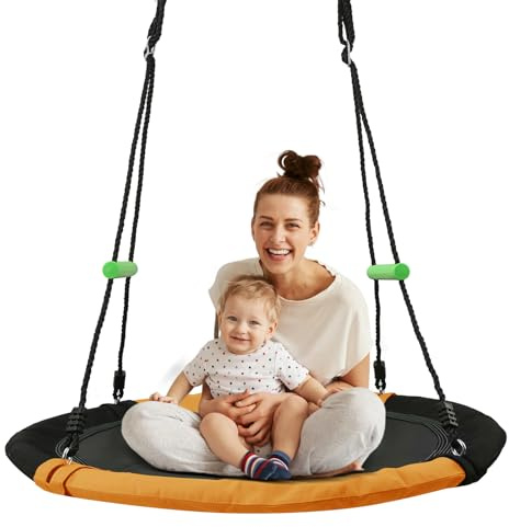 YSEJOMP 3.3FT Round Saucer/Tree Swing with Handles -Made of Sturdy Frame,PP Mat,Adjustable Multi-Strand Ropes,Safe and Durable for Yard Garden Playground Park (Black and Orange, 40 inches)