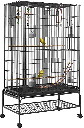 Pawhut Jaula para Pájaros, Jaula Grande con Ruedas, Comederos, Perchas, Estante Inferior, Bandeja Extraíble, Pajarera, Columpio y Escalera para Loros, Canarios, 97x58x160 cm, Negro