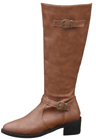 Bottines Femme Cuir Talon Carré Bottine Gros Mollet Botte Grande Taille Large Bottes Avec Sangle De Boucle Boot Couleur Unie Chaussure Pointu Bottine 36-43 Cuissarde Haute Femme Grande Taille