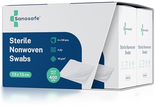 Sanosafe Garze Sterili 7,5x7,5 cm 400 pezzi | Garza in tessuto non tessuto per medicazione | Morbide, assorbenti e senza pelucchi
